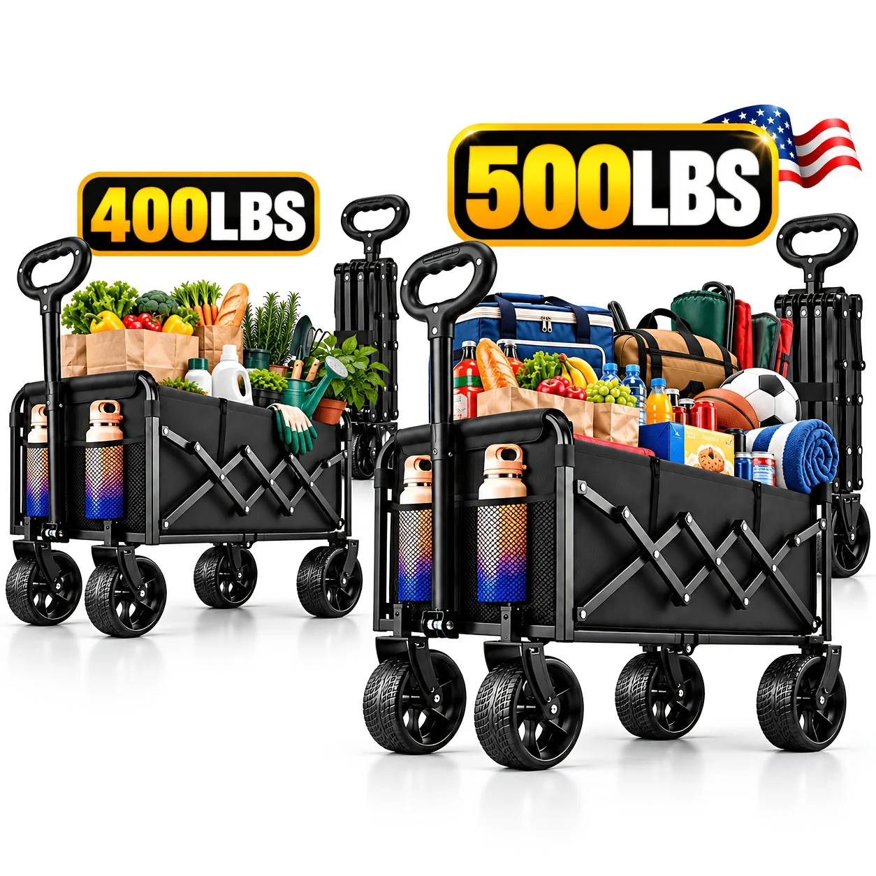 500/400LBS Heavy Duty Folding Wagon Cart, All-Terrain Utility Wagon with Reinforced Steel Frame, 600D Oxford Fabric, Adjustable Telescoping Handle & Wide Wheels for Camping, Shopping, Garden, Sports & Outdoor Use