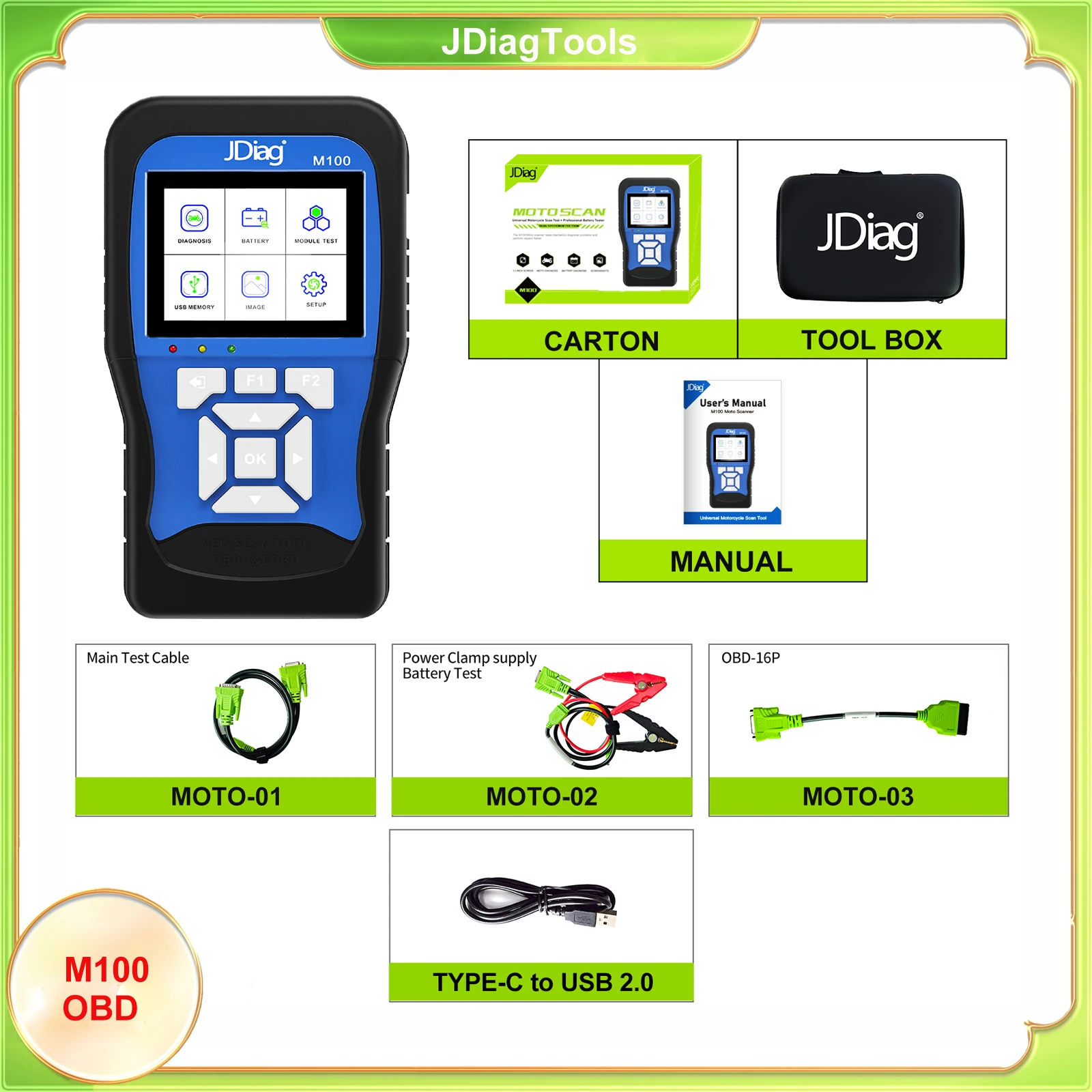 JDiag Brand M100 Motorcycle Diagnostic Tool OBD2 Version Universal Motorcycle  Scanner for Engine ABS Full System Diagnostics
