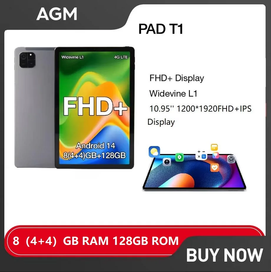 AGM PAD T1 Tablet 10.95 inch 1200*1920 FHD+ Screen 8（4+4）GB RAM 128GB ROM 7000mAh Battery Android 14 Unisoc T606 Tablets