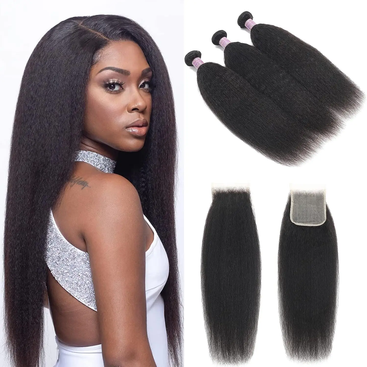 

Kinky Straight Human Hair 3 Bundles With 4x4 Lace Closure Free Part 100% Unprocessed Brazilian Remy Yaki Straight Human Hair