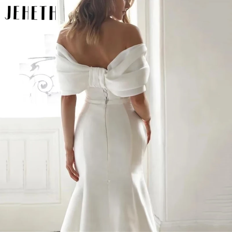 JEHETH Satin Bow Off Shoulder Vestido de Noiva Mulheres Simples Querida Sereia Vestido De Noiva Strapless Plissado Backless Robes De Mariée Cetim Bow Off Shoulder Vestido de Noiva Mulheres Simples Sereia Querida Vestid