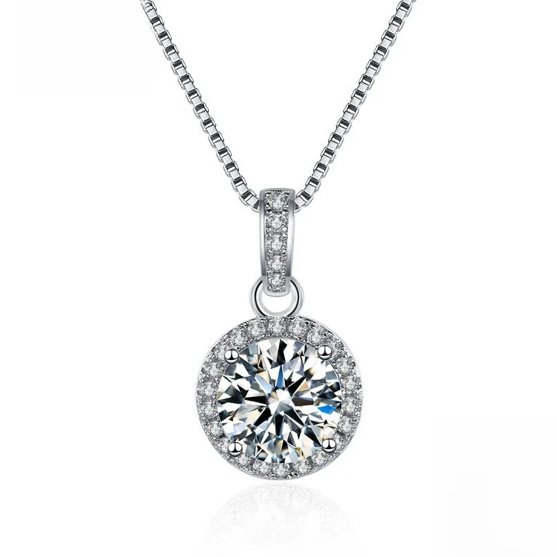 Nowa moda 925 Sterling Silver Fine Round AAA Zircon Wisiorek Naszyjniki Biżuteria damska Rhinestone CZ Łańcuch obojczyka Prezent urodzinowy — zdjęcie 2