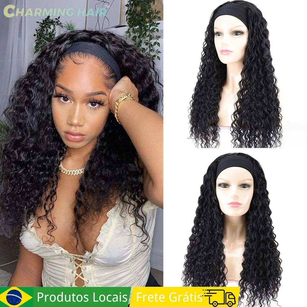 Peruca Wig Cacheada longa Cabelo Peruca de Faixa na Cabeça Fibra Orgânica de Alta Qualidade Identica Cabelo Humano 65cm 26inch