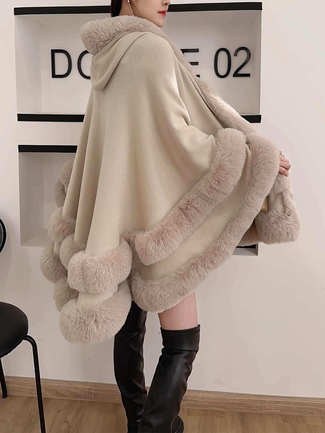 Solid Color Faux Fur Collar Hooded Cape Coat with Double Layered Fur Design at the Hem Plus Size Knitted Jacket Cardigan