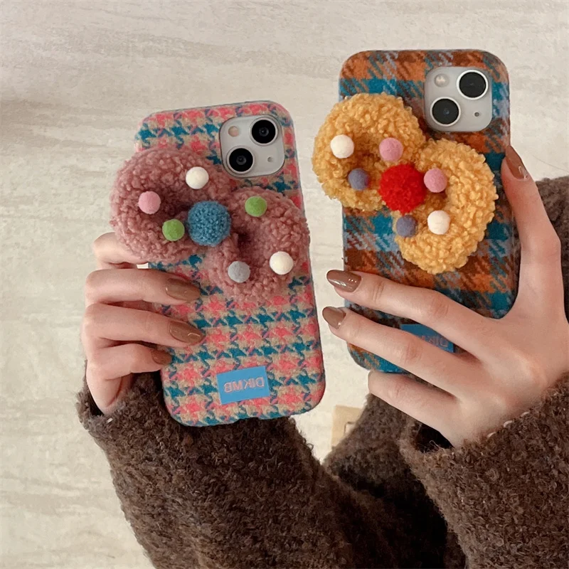 

Cute Plaid Plush Bow Phone Case for Women Kawaii Fall Protection Fashion iPhone 16Promax 15Promax 14Pro 13Pro Max 13