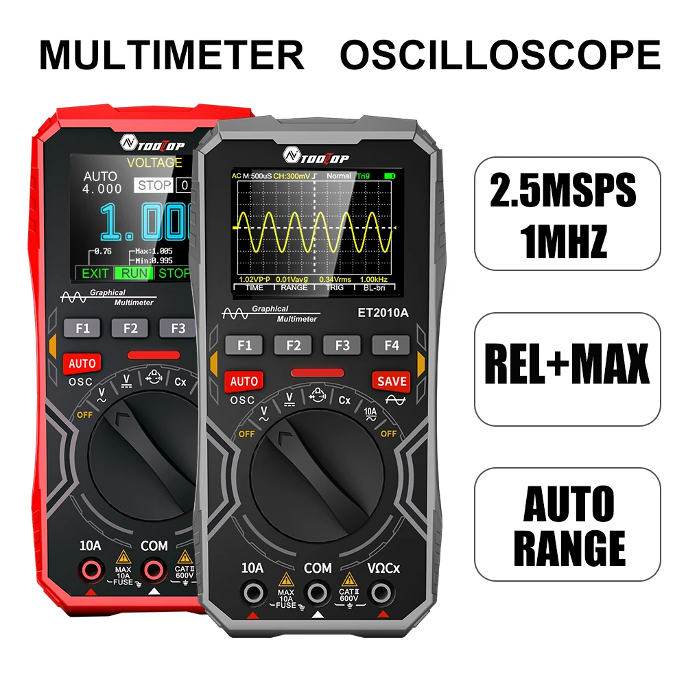 TOOLTOP ET2010A Digital Oscilloscope Multimeter 1Mhz 2.5MSps Color Handheld Oscilloscope AUTO Waveform Electronic DIY Tools