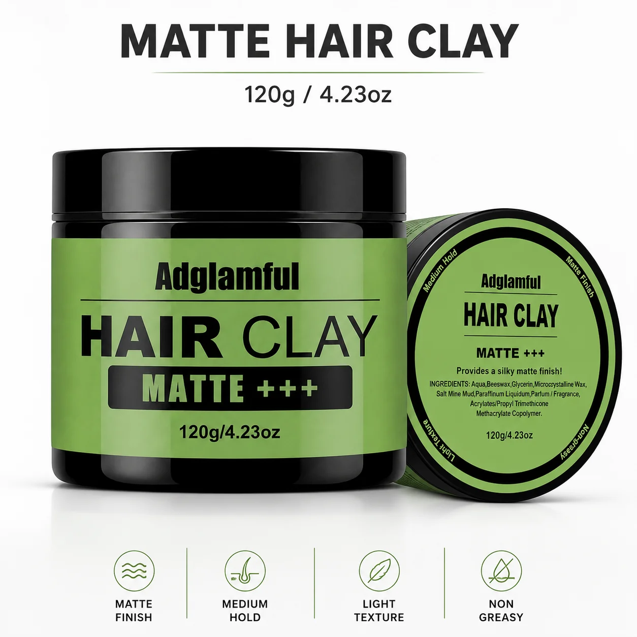 Adglamful 120g Matte Hair Styling Clay Water Based Easy Wash Non Shiny Strong Hold Texturizing Hair Mud Wax For Men Natural Look