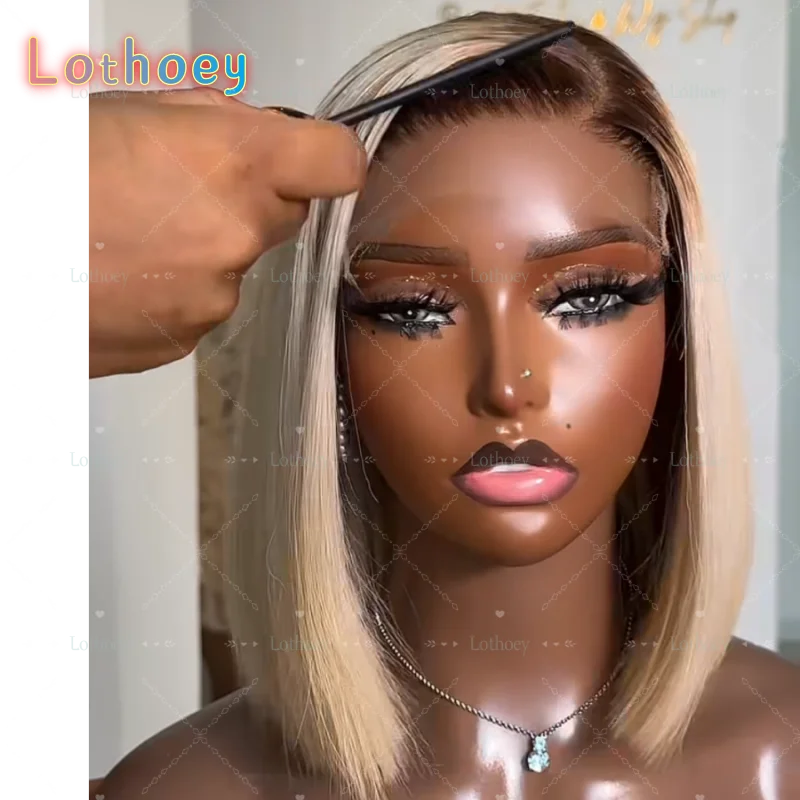 Short golden brown straight hair human hair wig right deviation natural excessive color comfortable highlight wig lace front edg