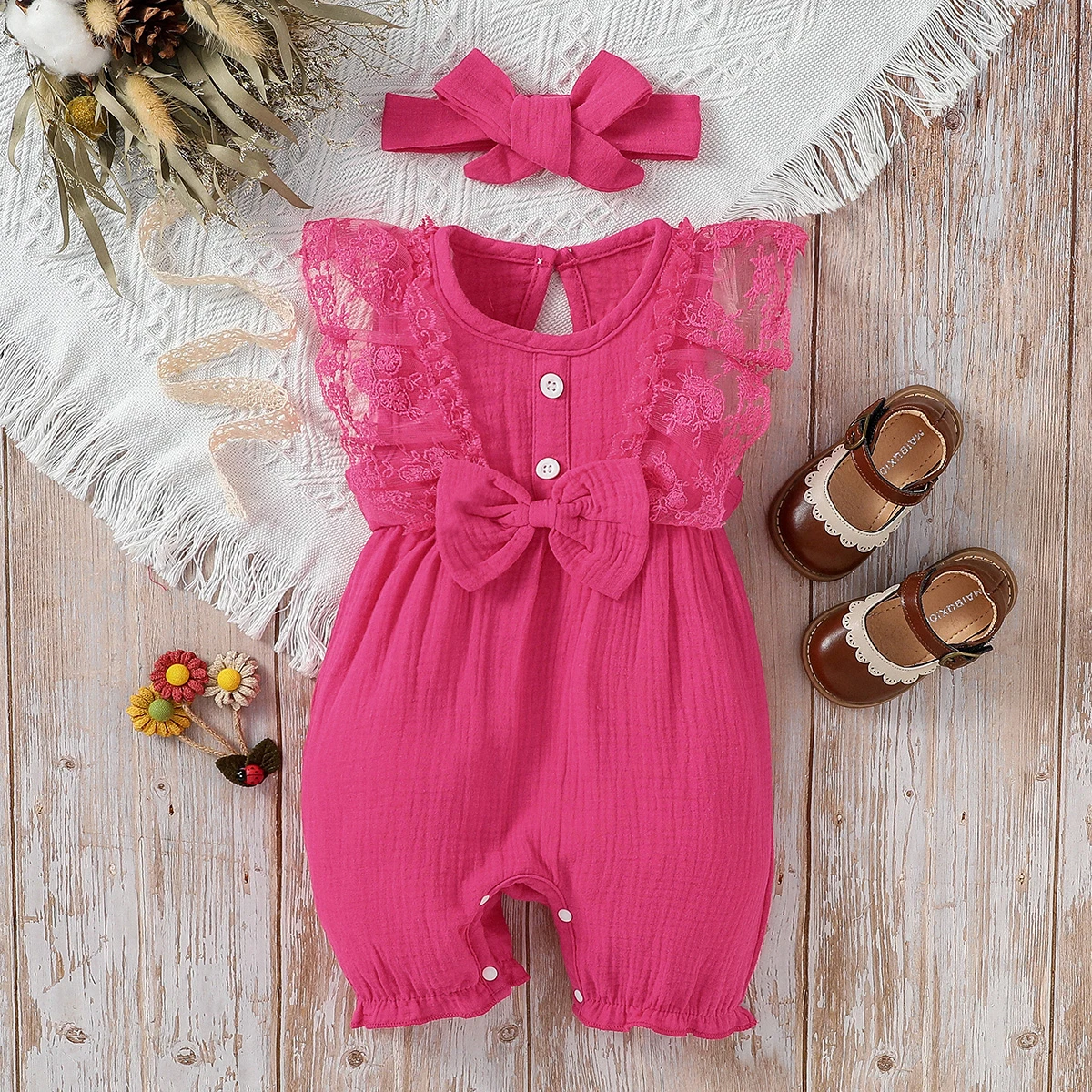 3-24M 2024 Baby girl Cotton Soft cute casual sleeveless summer jumpsuit With Bow +Headband