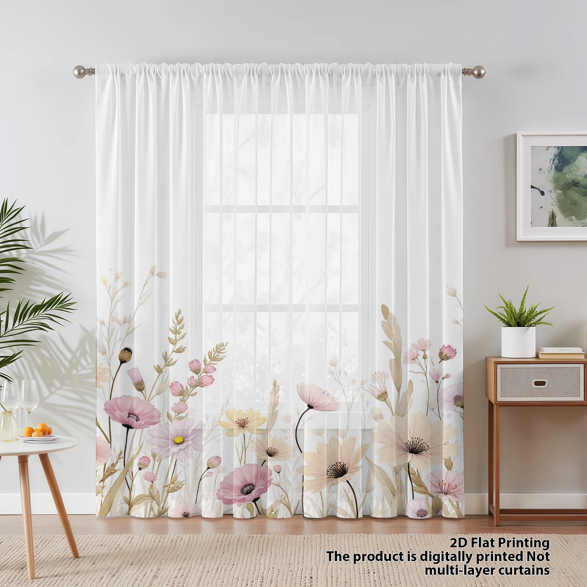 Wildflower Floral Print Sheer Curtain, Mother's Day 70% Light Filtering Privacy Sheer Curtain for Living Room Bedroom Study, Rem
