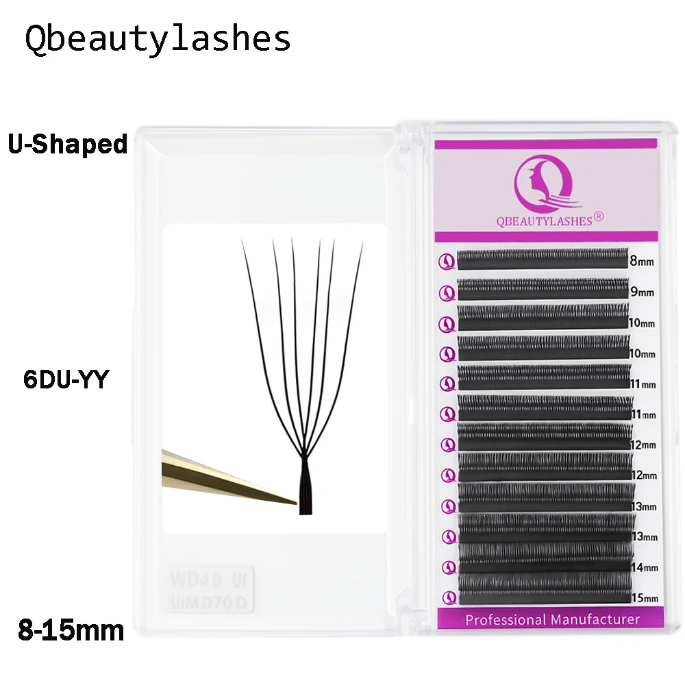 Qbeautylashes Cilios pestañas 6D en forma de U 0,07mm de espesor pestañas postizas naturales suaves cómodas YY prefabricadas Fans salón de belleza
