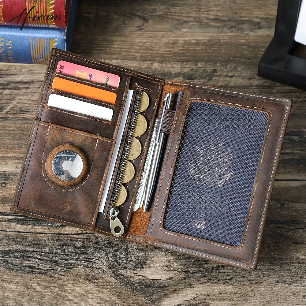 Etui na paszport z prawdziwej skóry bydlęcej Portfel podróżny z etui Airtag Anti-lost Pocket Pen Card Holder Blokowanie RFID Okładka na paszport — zdjęcie 2