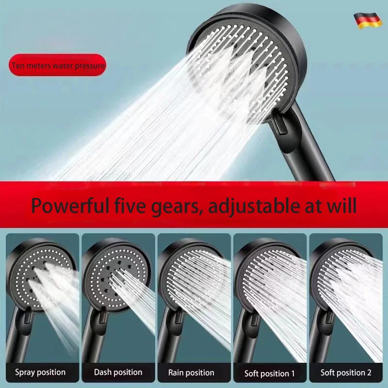 Booster cabeça de chuveiro de alta pressão ajustável cabeça de spray cinco modos botão um botão parar acessórios do banheiro com base mangueira