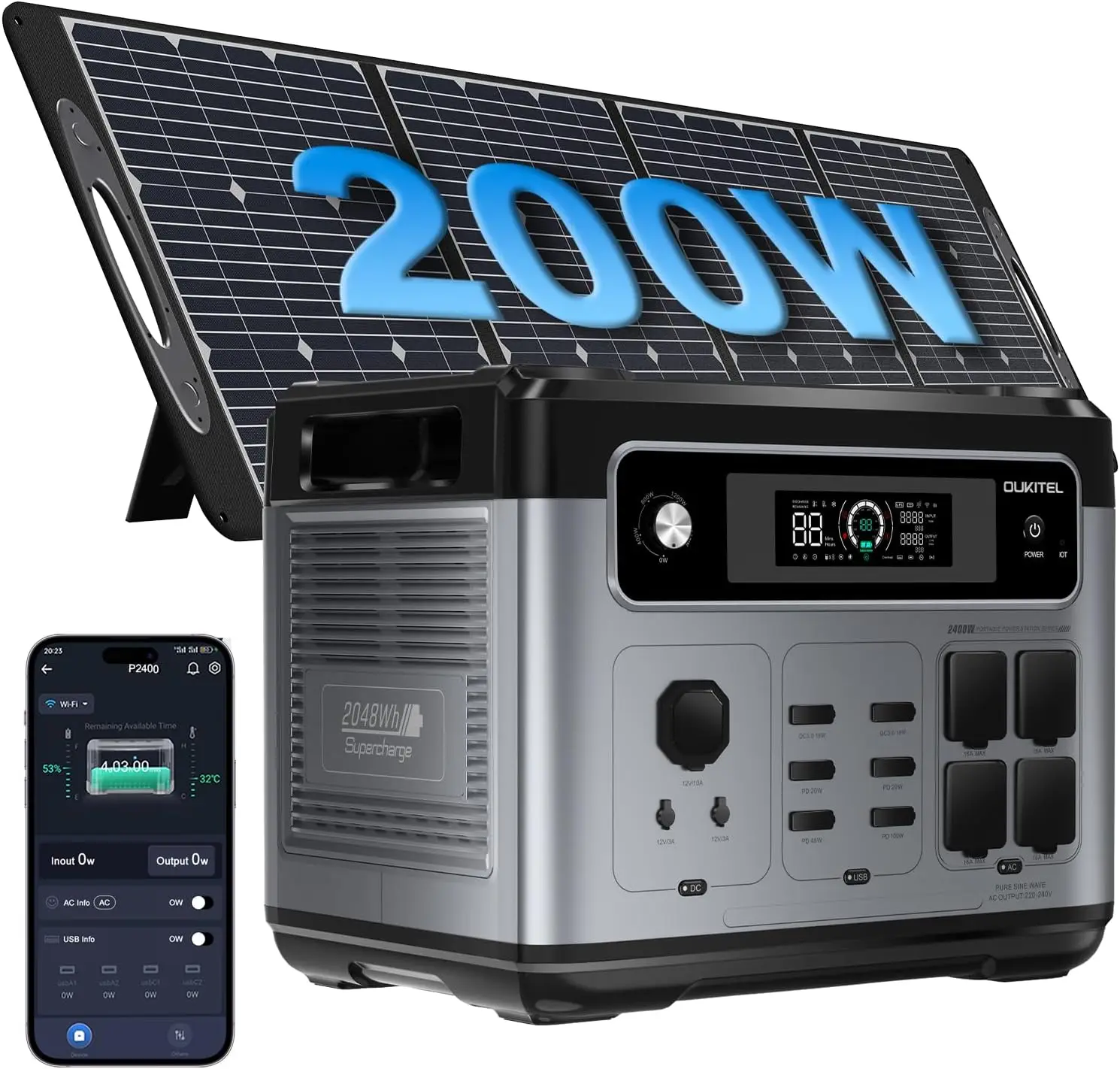 Estación de Energía Portátil OUKITEL P2001E Plus+PV200 de 2400Wh para Camping con 13 Puertos y Cable de Carga para Auto, Equipo de Emergencia