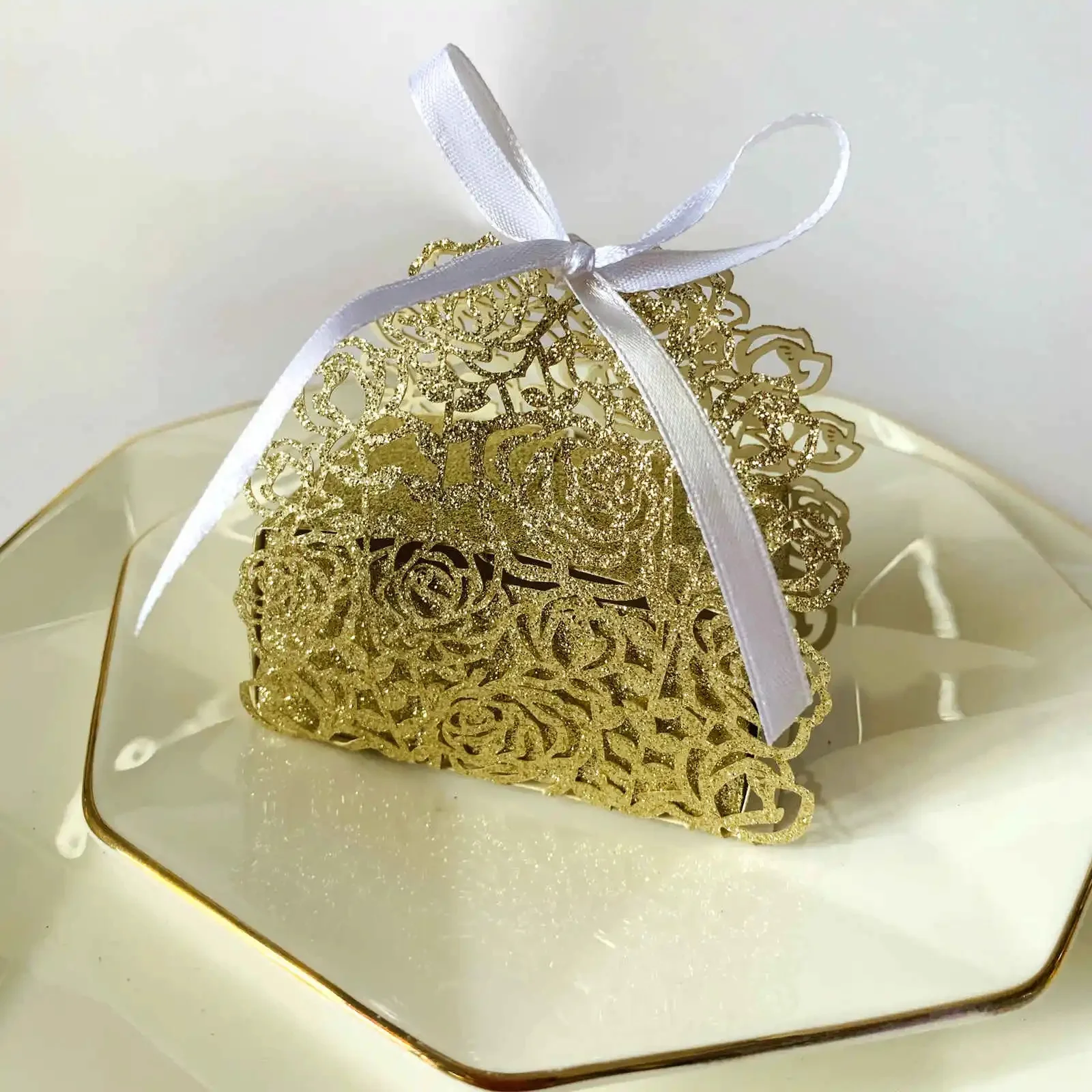 Sacs cadeaux découpés au laser avec ruban, rose, fleur, papillon, argent, or, boîtes à bonbons bricolage, baby shower, faveurs de mariage, fête, 10, 50, 100 pièces