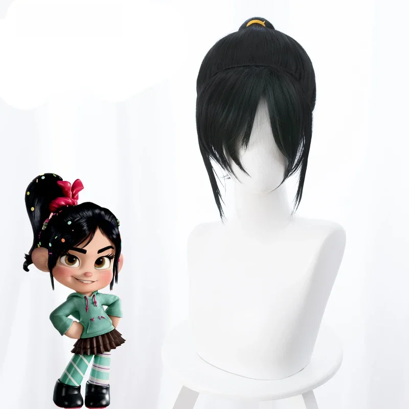 Ralph Breaks the Internet peruka do cosplay Vanellope von Schweetz czarna peruka Halloween rekwizyt cosplay + czapka z peruką — zdjęcie 2