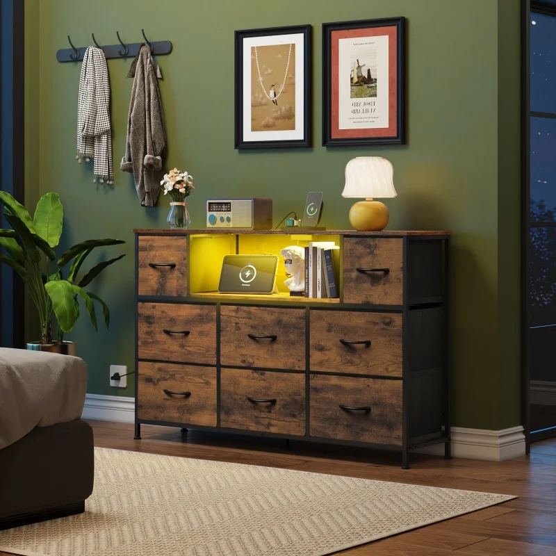 GALAXHERO 8 درج قماش مضمد محطة شحن أضواء LED حامل تلفاز تخزين الصدر رفوف مفتوحة غرفة نوم غرفة المعيشة خزانة