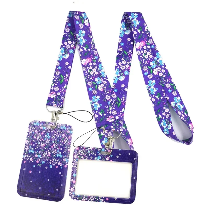 Fleurs violettes, fleurs artistiques, plantes, lanières à la mode, nom d'identification de Bus, porte-carte de travail, accessoires de décoration, cadeaux de Couple pour enfants