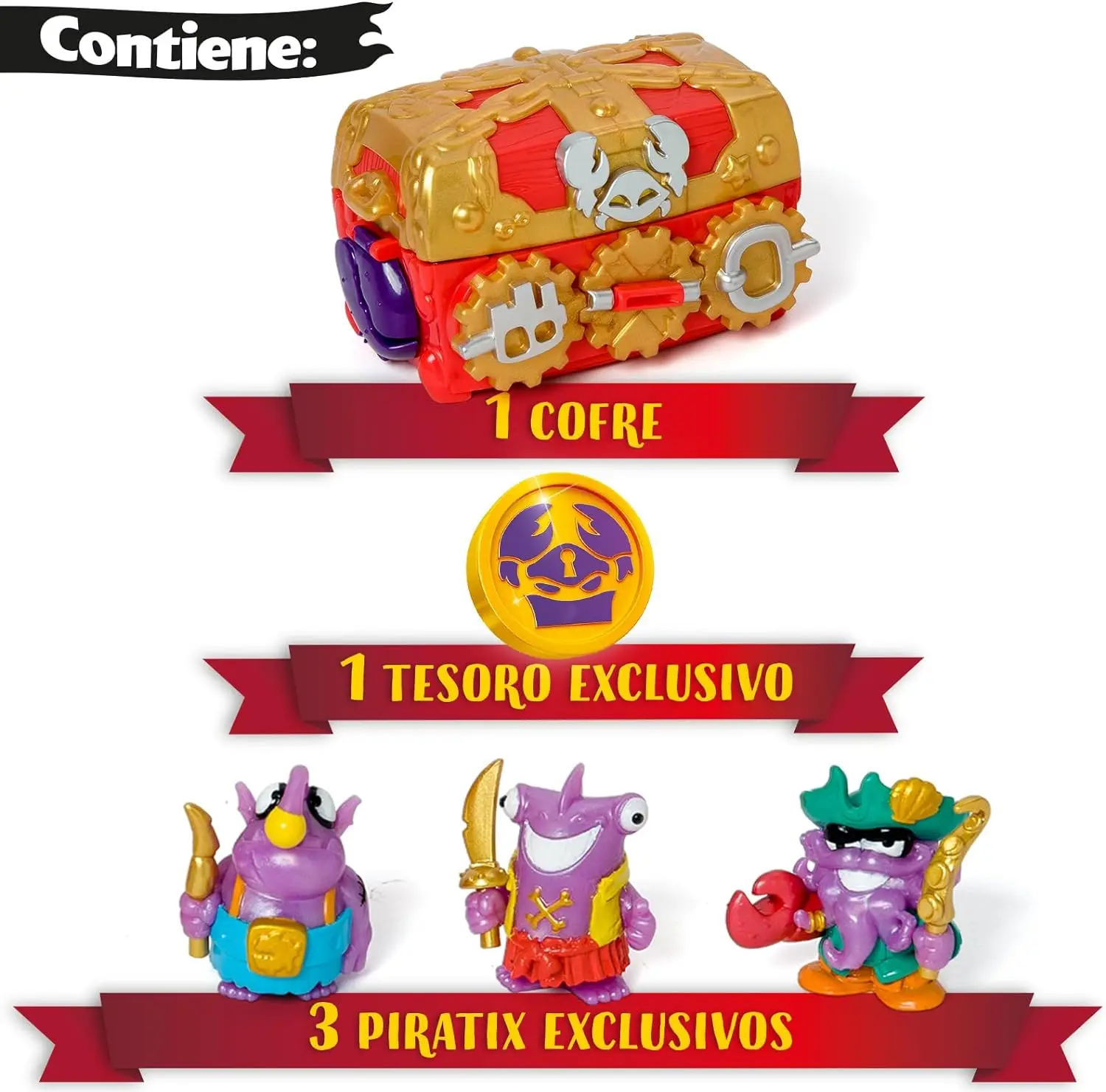 Monster Treasure-Treasure chest with a Monster hidden inside. Includes 1 chest, 3 exclusive Piratix, 1 exclusive treasure and 3 accessories (new collection from the creators of Superthings) -Pirate Collection