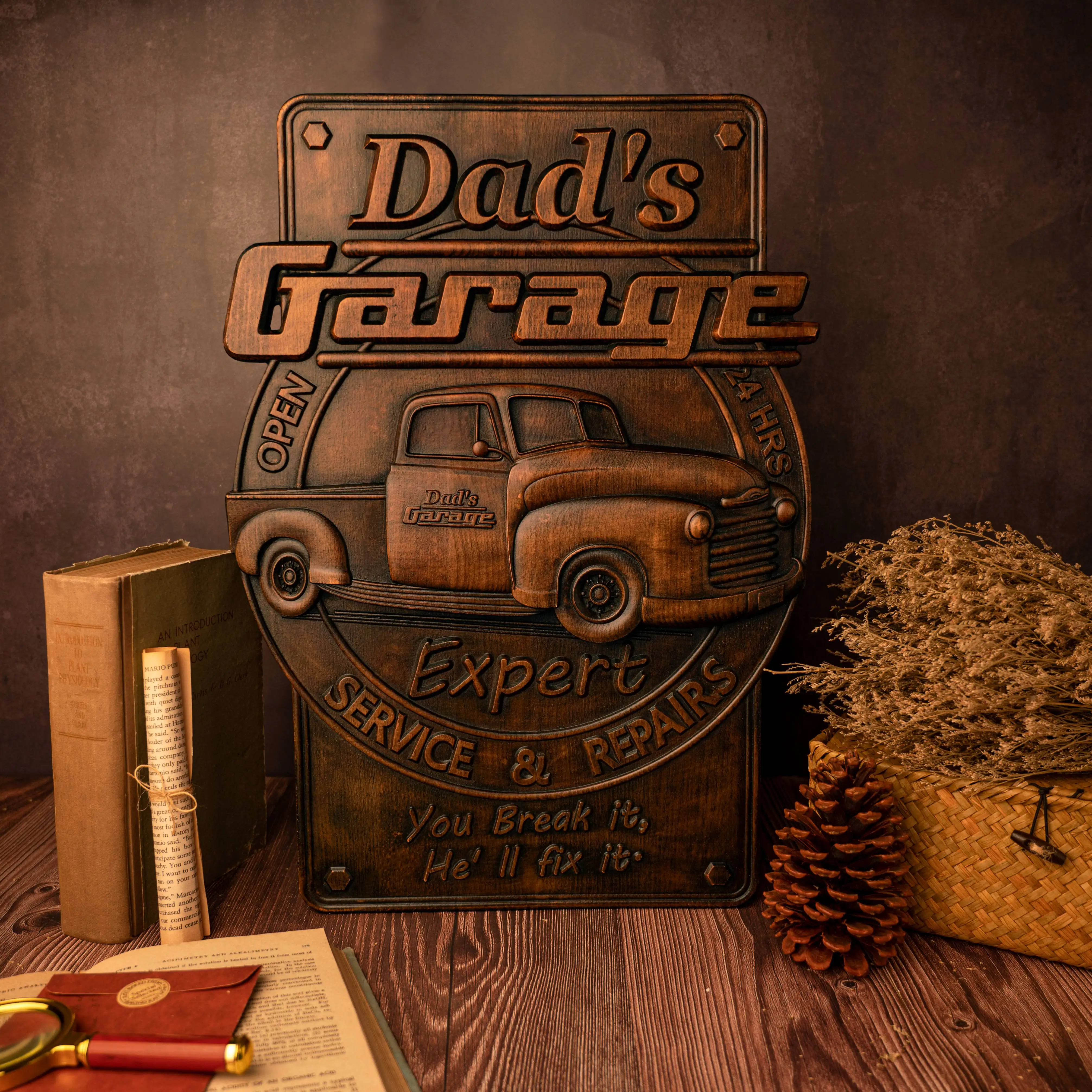 Father's Day Wood Carving Gift, Garage Icon, Wall Hanging Ornament, Wooden Crafts, Father's Day