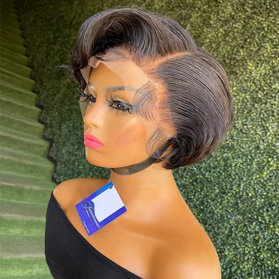 

Short Pixie Wigs Straight 100% Human Hair 13x4 Transparent Lace Front Wigs T Part Lace Frontal Wig For Black Women 180% Density