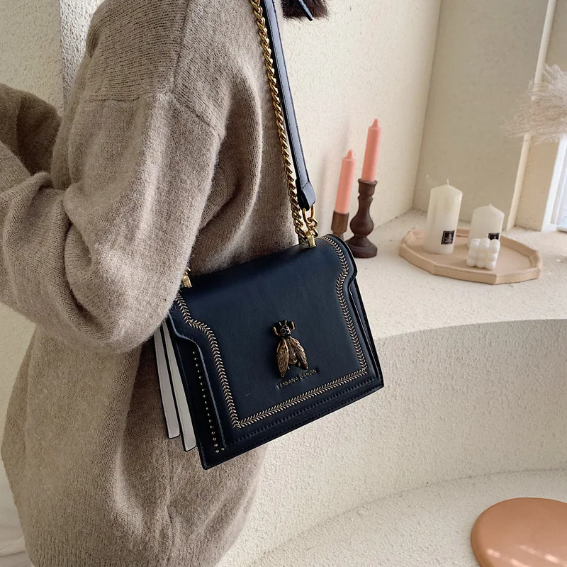 Luxury Women Handbag New Retro Bee Pattern Chain Flap Female Purse Shoulder Handbags Quality Leather Designer Crossbody Bag