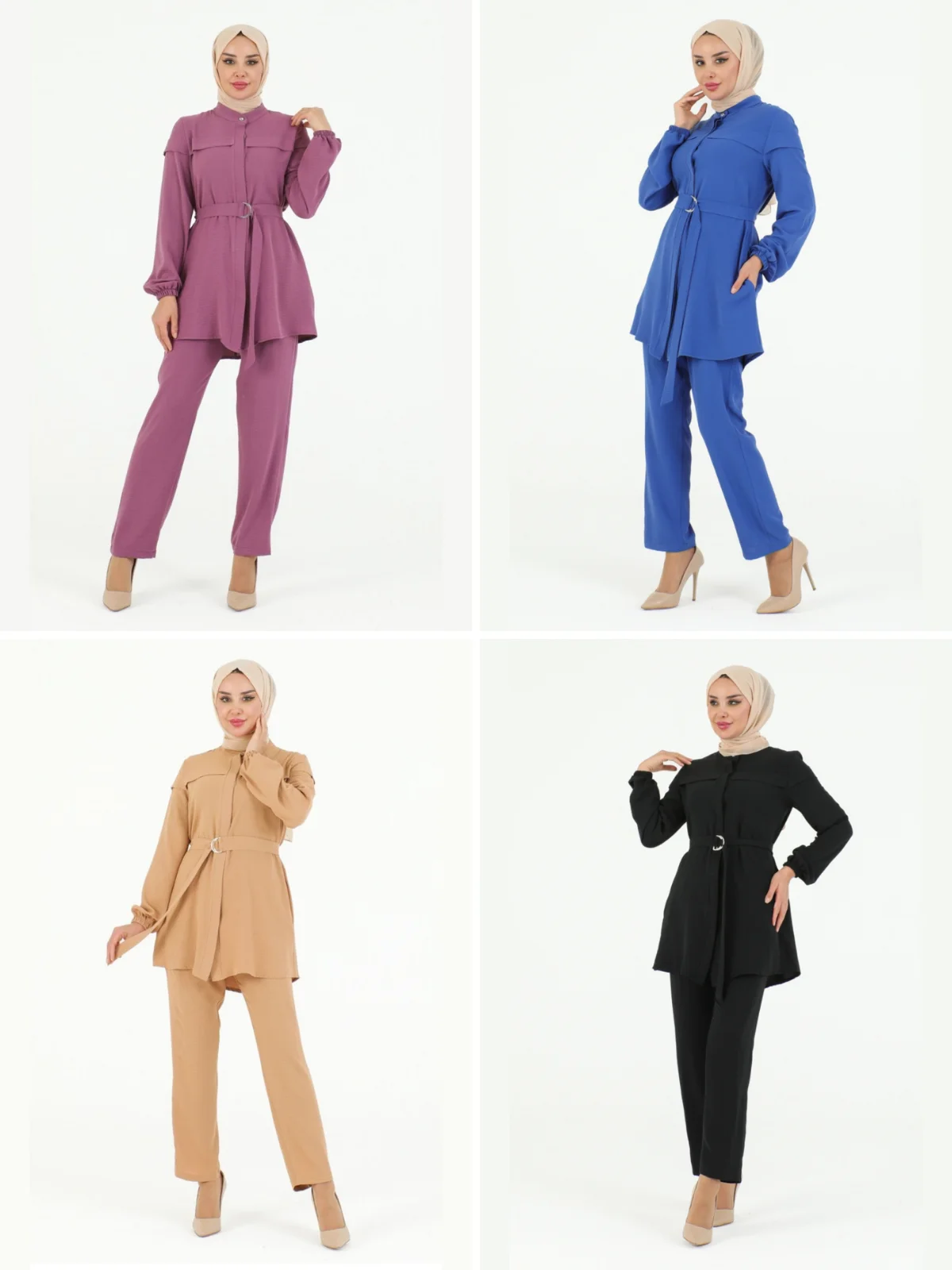 

Double Aerobin Suit, Belted Plain Color Long Sleeves Judge Collar 4 Seasons Muslim Women Fashion Hijab Clothing