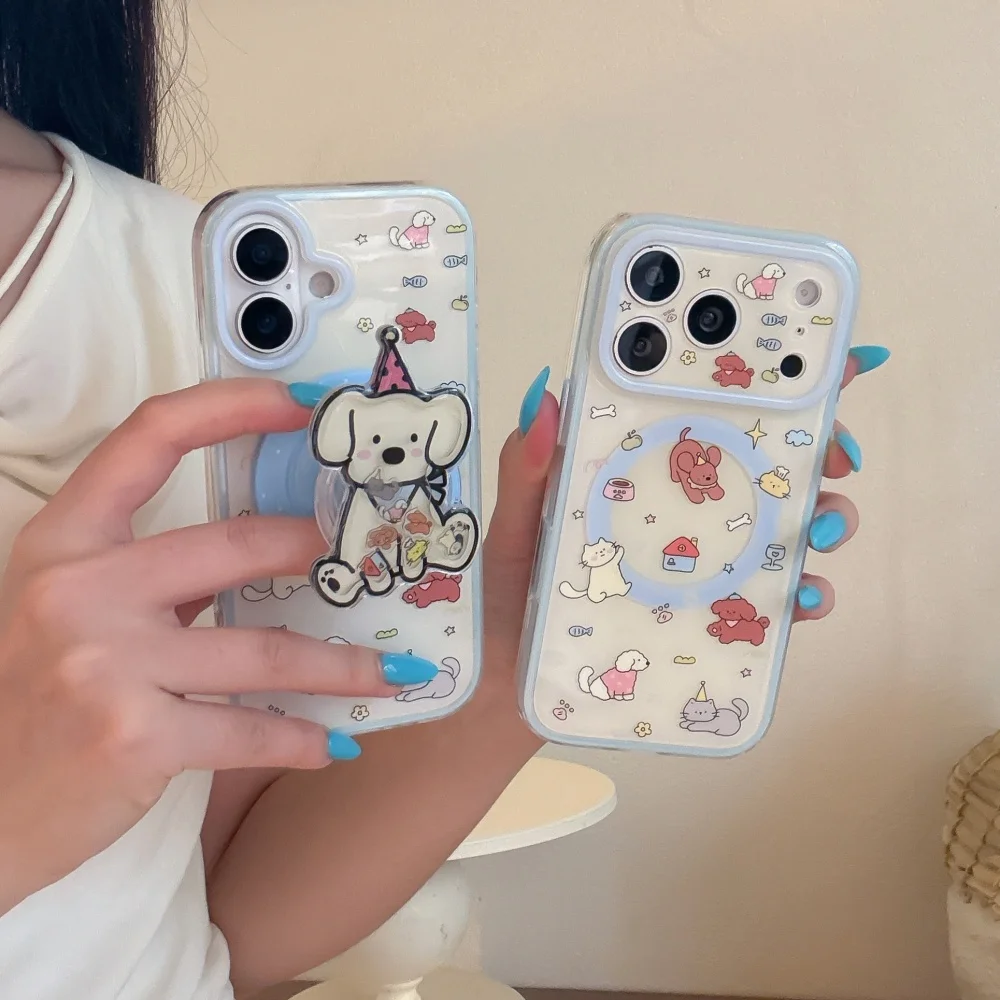 Korean INS Cartoon Cat and Dog Graffiti Phone Case for iPhone 17 Pro Max 16 Max 15Pro Girly Protective Case with Magnetic Holder