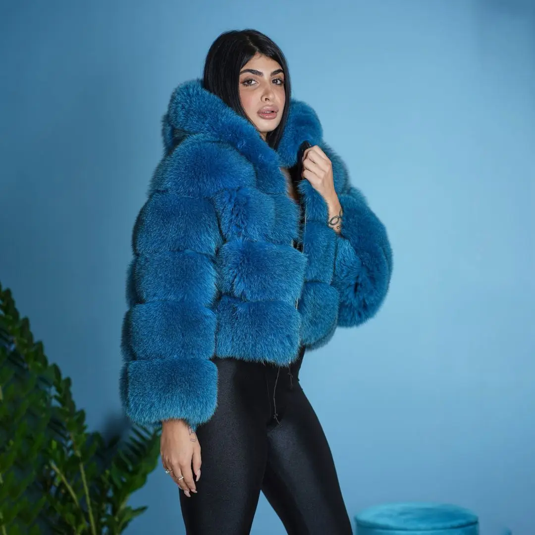 Woman Winter Fashion Royal Blue Natural Fox Fur Jacket with Hood High Street Women Genuine Fox Fur Coat Short Outwear Luxury