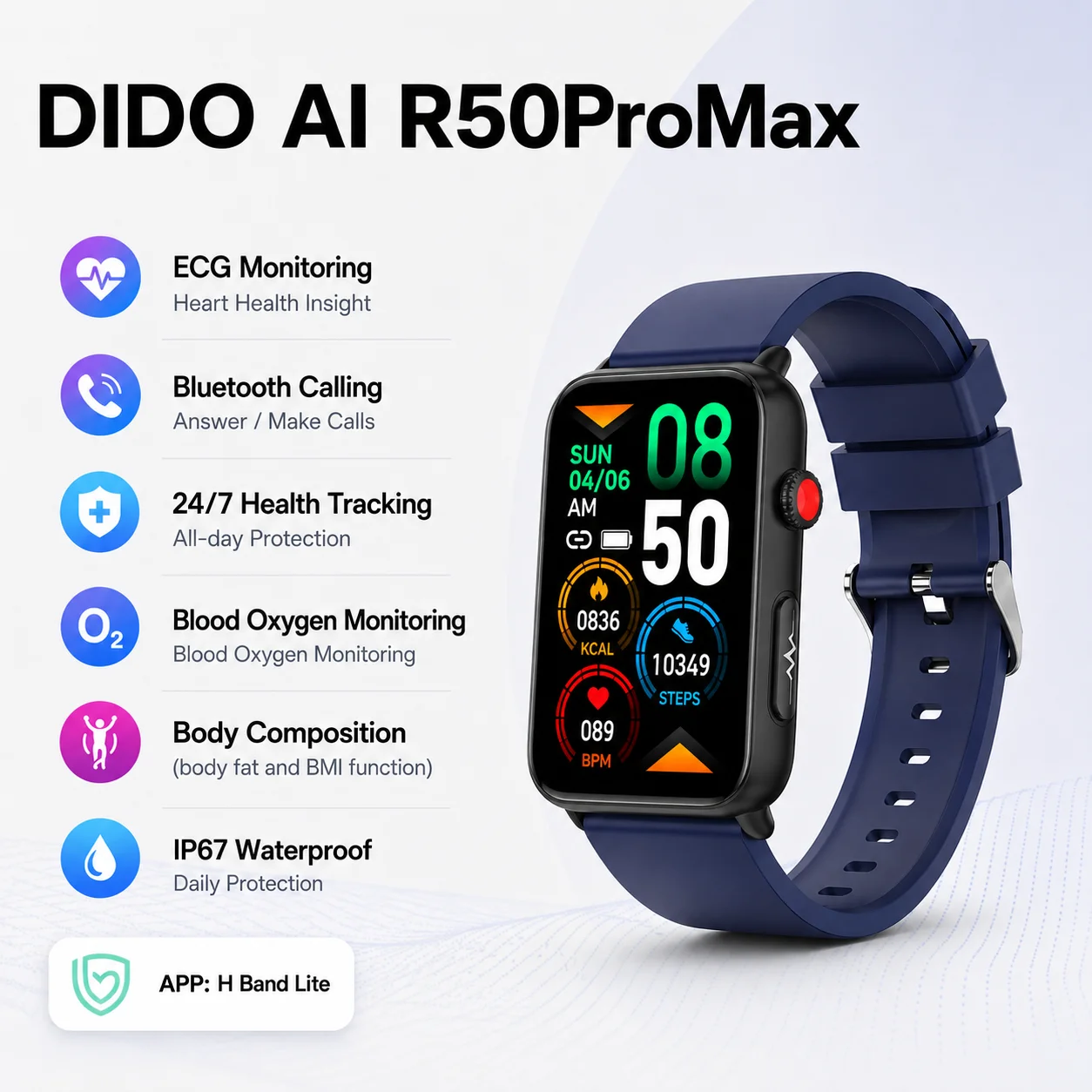 DIDO AI R50 Pro ECG 스마트워치 건강 모니터 혈중 산소 HRV 체성분 BMI 심박수 수면 추적 IP67 방수