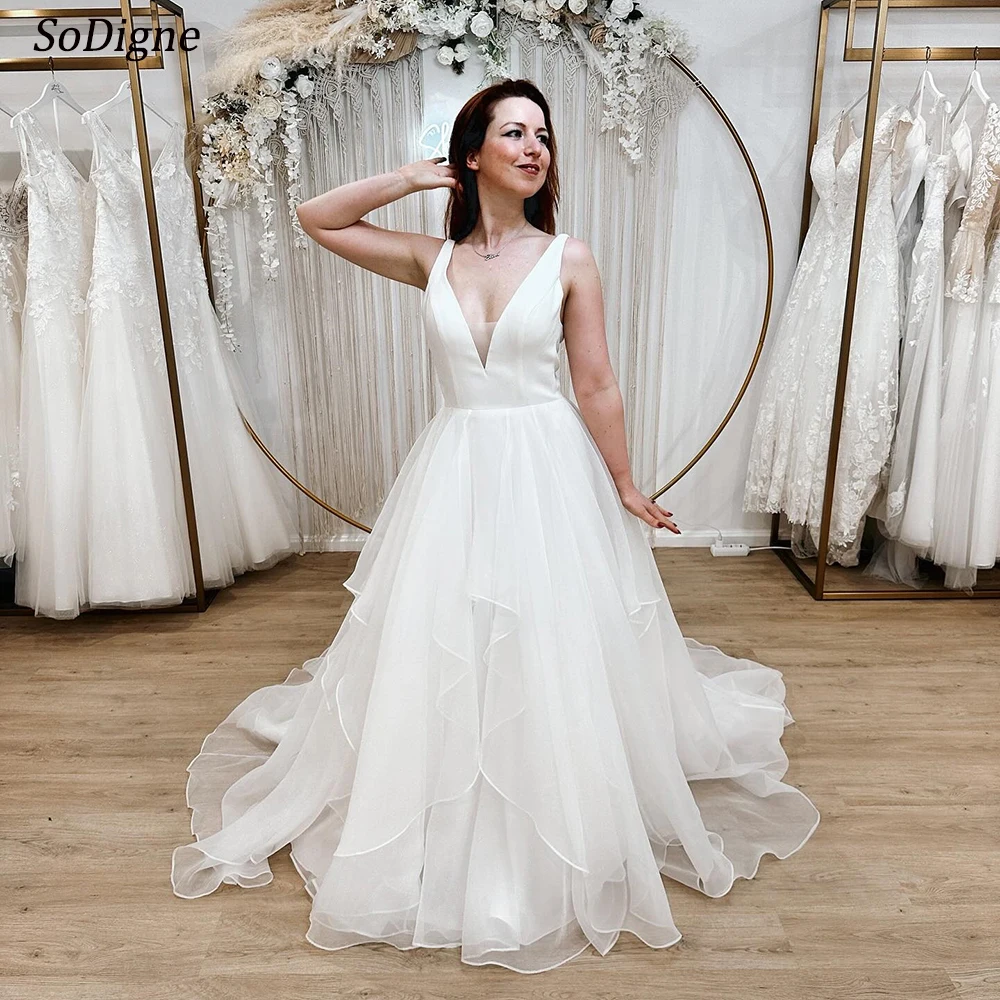 

SoDigne A-line Simple Wedding Dresses V-neck Sleeveless Organza/Satin Ruffles Bride Gown Long Bridal Dress vestidos de novia