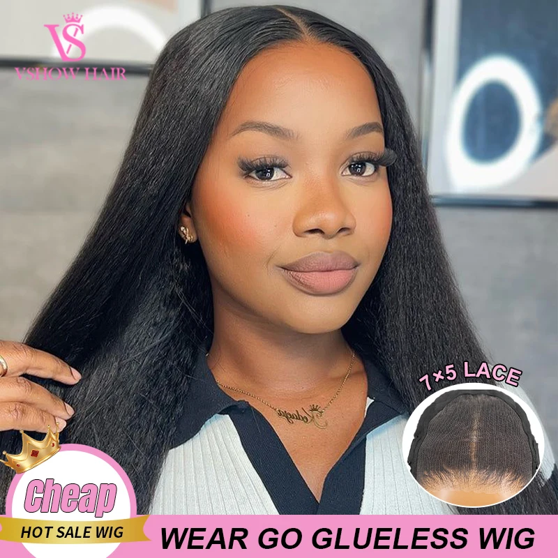 

VSHOW Brazilian Yaki Straight Glueless Human Hair Wig 7x5 Wear and Go Pre Cut Pre Plucked Hairline Glueless Wig Ready To Wear