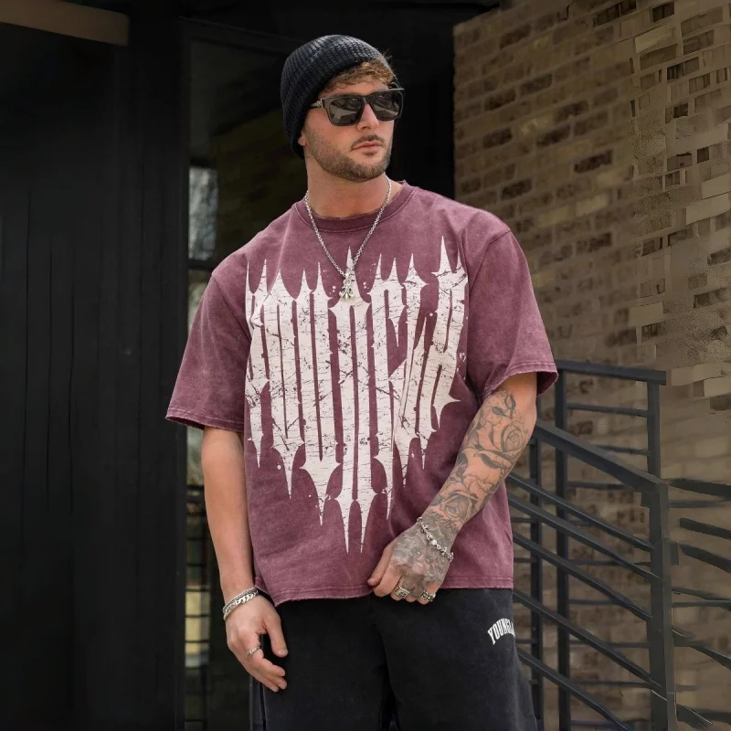 Men Black Vintage Washed Oversized T Shirt Distressed Grey Spike Gothic Letter Print Loose Crew Neck Short Sleeve Gym Streetwear