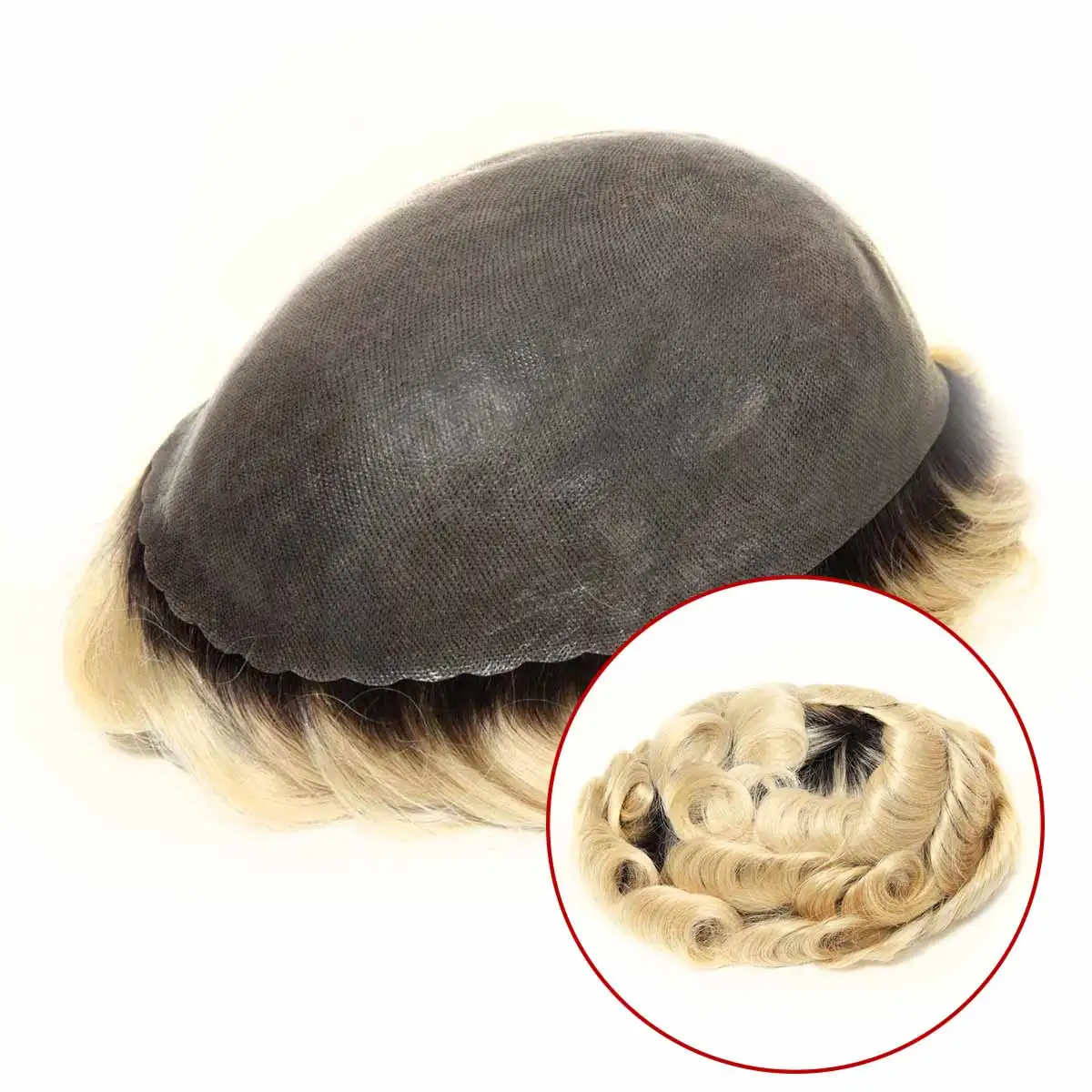 TUS22 Scallop Front Toupee 0.10mm Blonde And Dark Root Hair Piece Indian Remy Hair Skin Blonde Dark Roots Hair Piece Hair Toupee