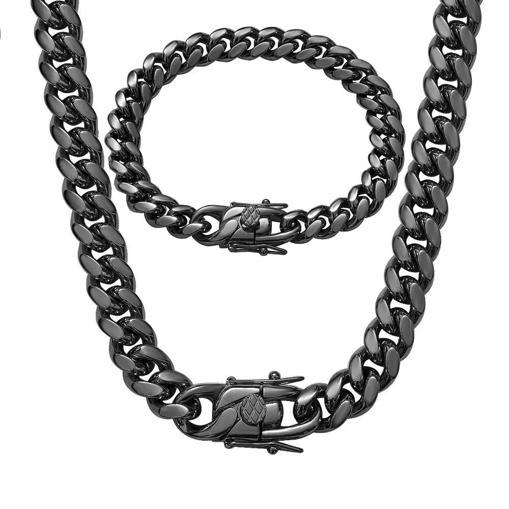 

10mm Thick Cuban Link Chains For Men, Black Color Stainless Steel Necklace And Bracelet, Size Optional 7.5"-30"