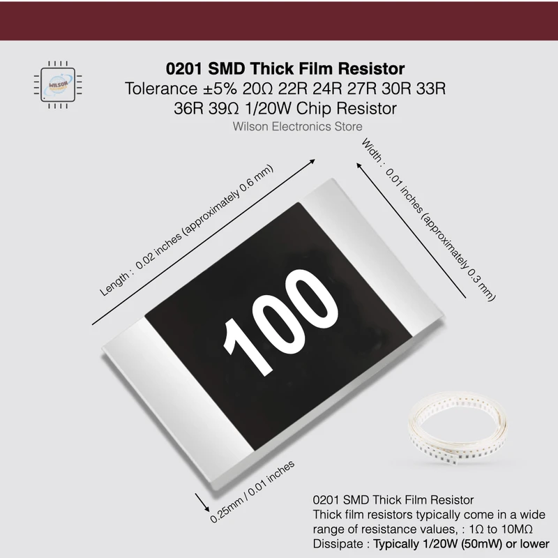 100 PCS/LOT 0201 SMD Chip Fixed Resistor with Tolerance ±5% 22Ω 22R 24R 27R 30R 33R 36R 39Ω 1/20W Film Resistor