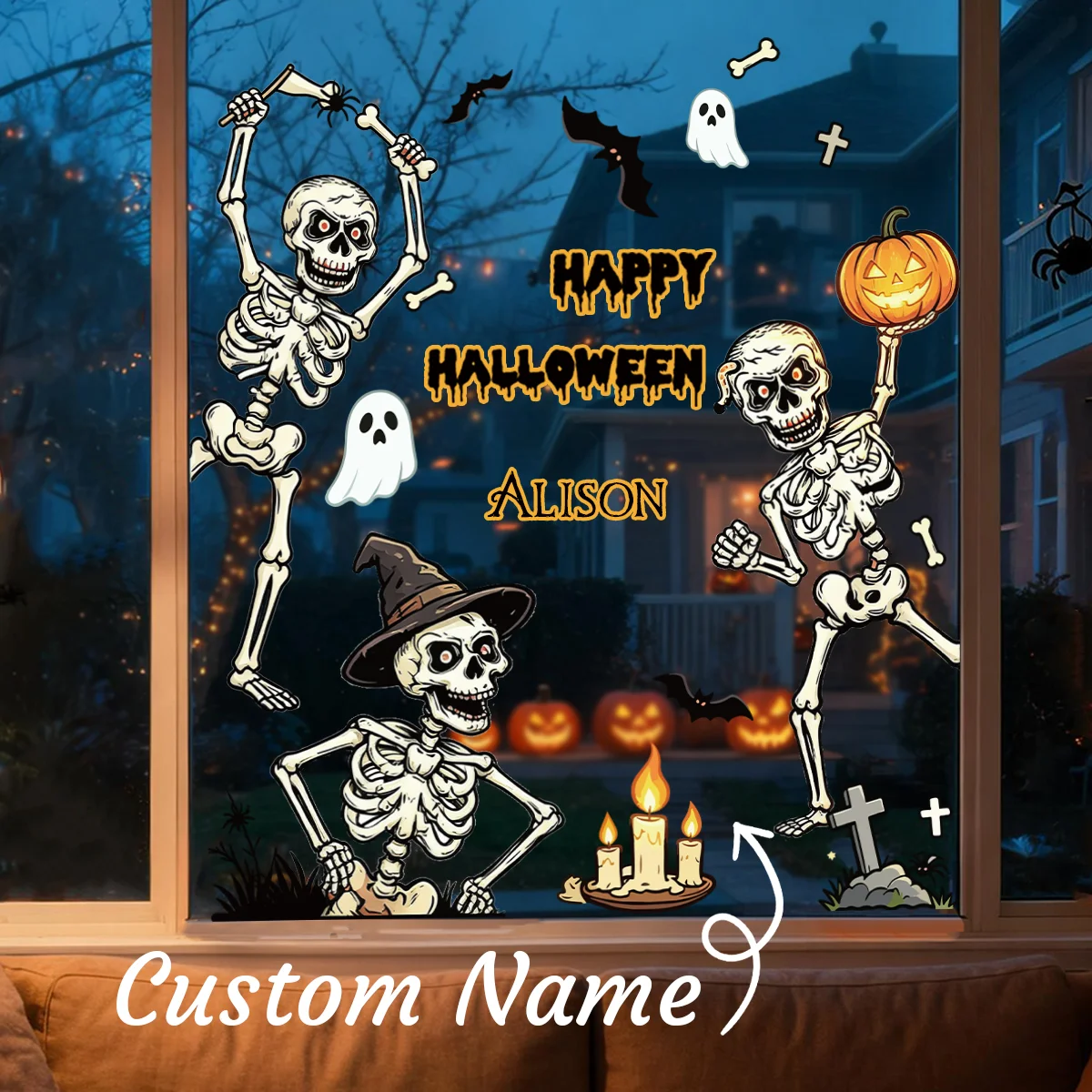 Personalized Dancing Skeletons Halloween Window Wall Decal, Custom Name Funny Skull Pumpkin Ghost Bat Removable Vinyl Sticker.