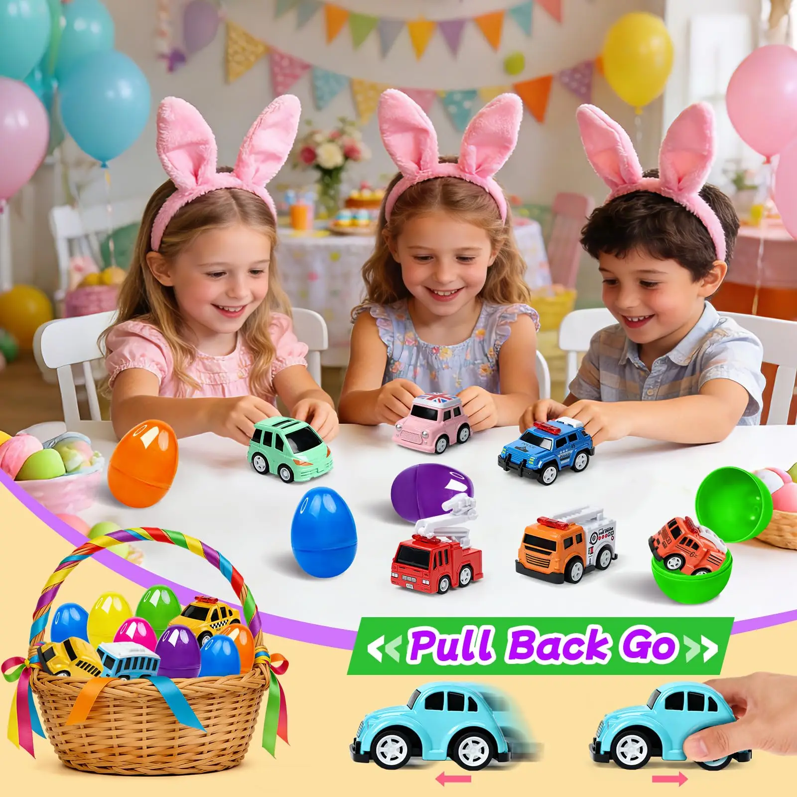 

12 Pcs Prefilled Easter Eggs with Mini Cute Pull Back Alloy Car Toys, Easter Basket Stuffers Egg Hunt Party Favors Classroom Pri