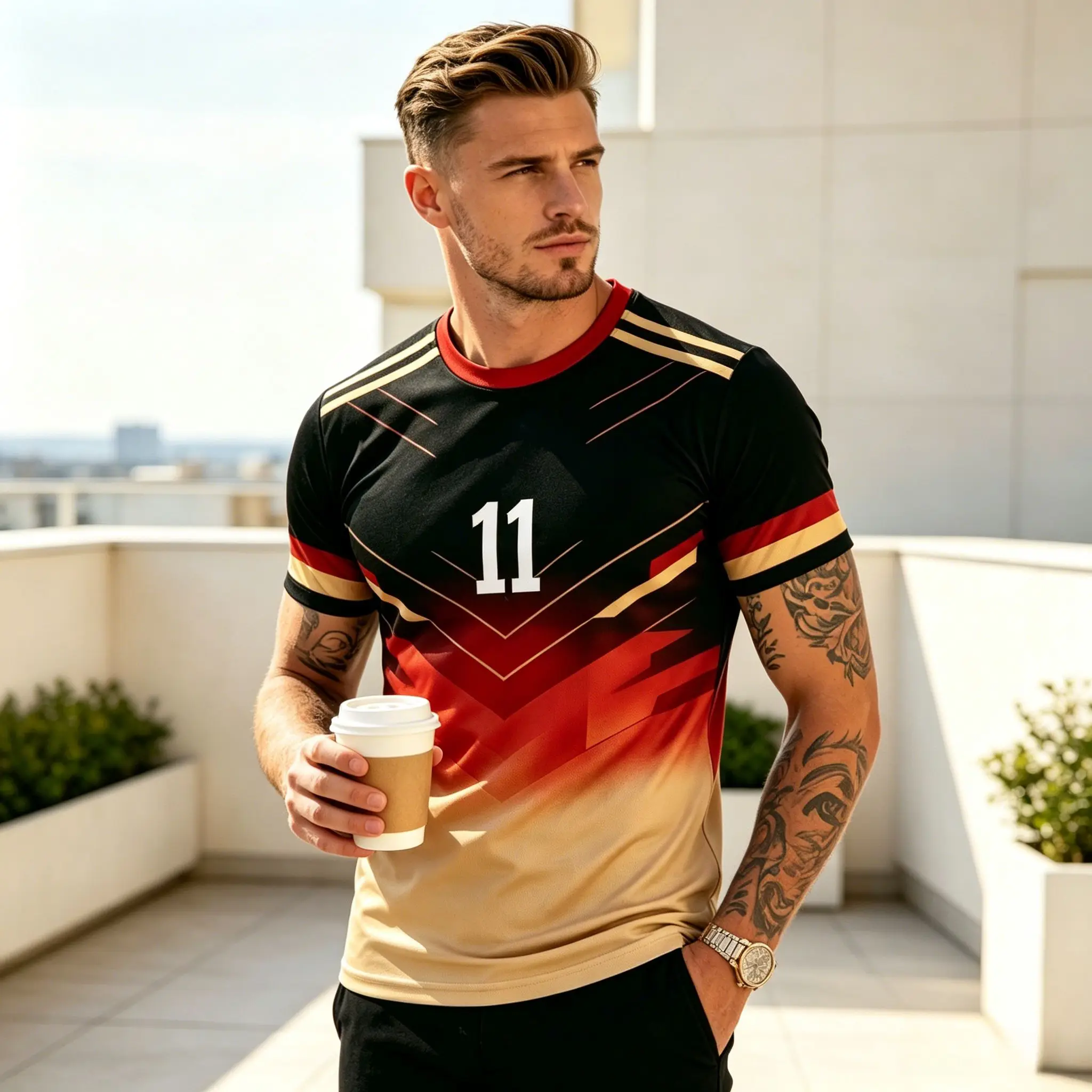 Men's Gradient Soccer Graphic T-Shirt, Black Red Gold Geometric Line Number 11 Football Jersey Print Soft Breathable Fan Sports