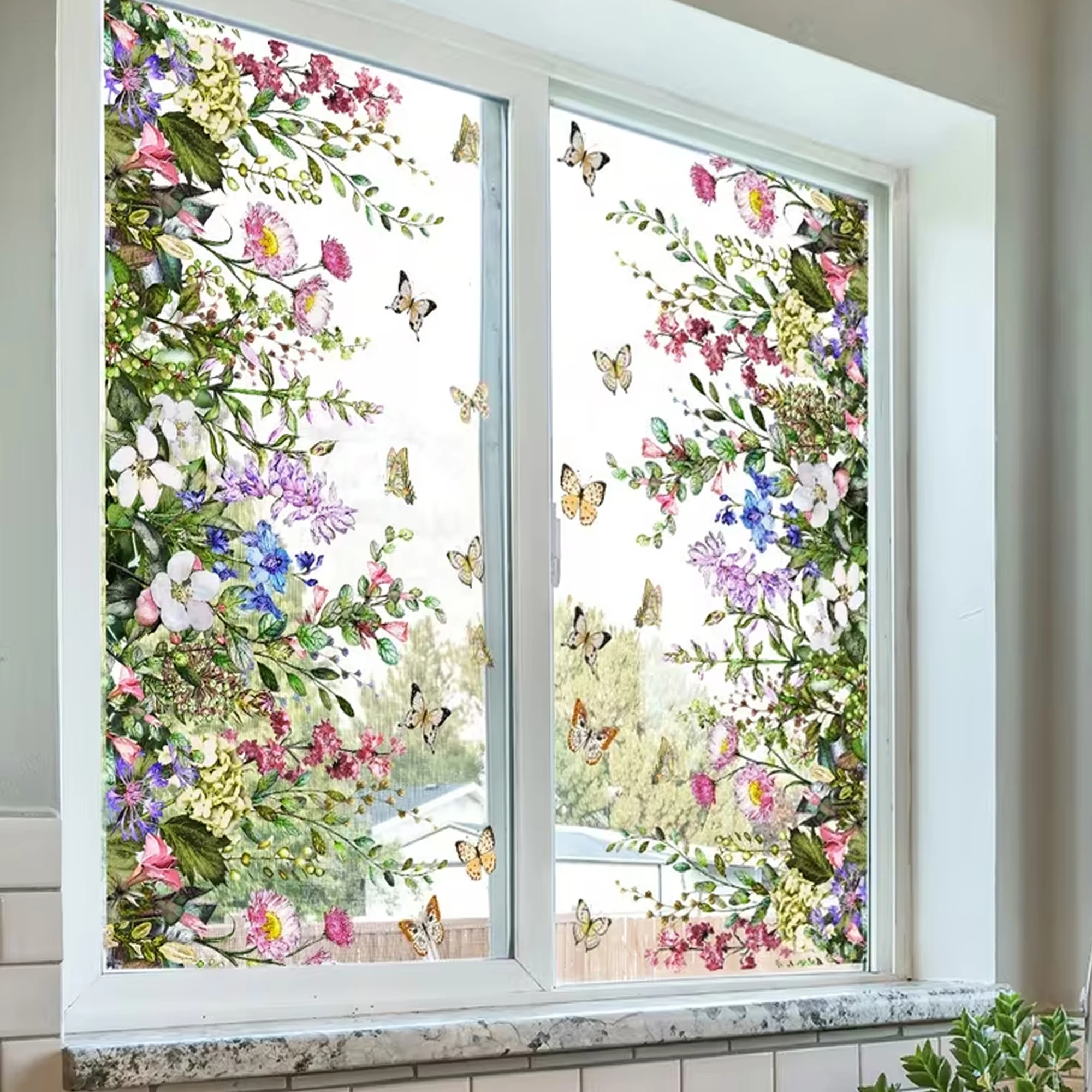 1 Stück 30x60cm Blumen-Fenster-Sichtschutzfolie Glastür Schlafzimmer Badezimmer Abnehmbare Statische Haftfolie Wildblumen Schmetterling Fensterdekoration – Detail 6