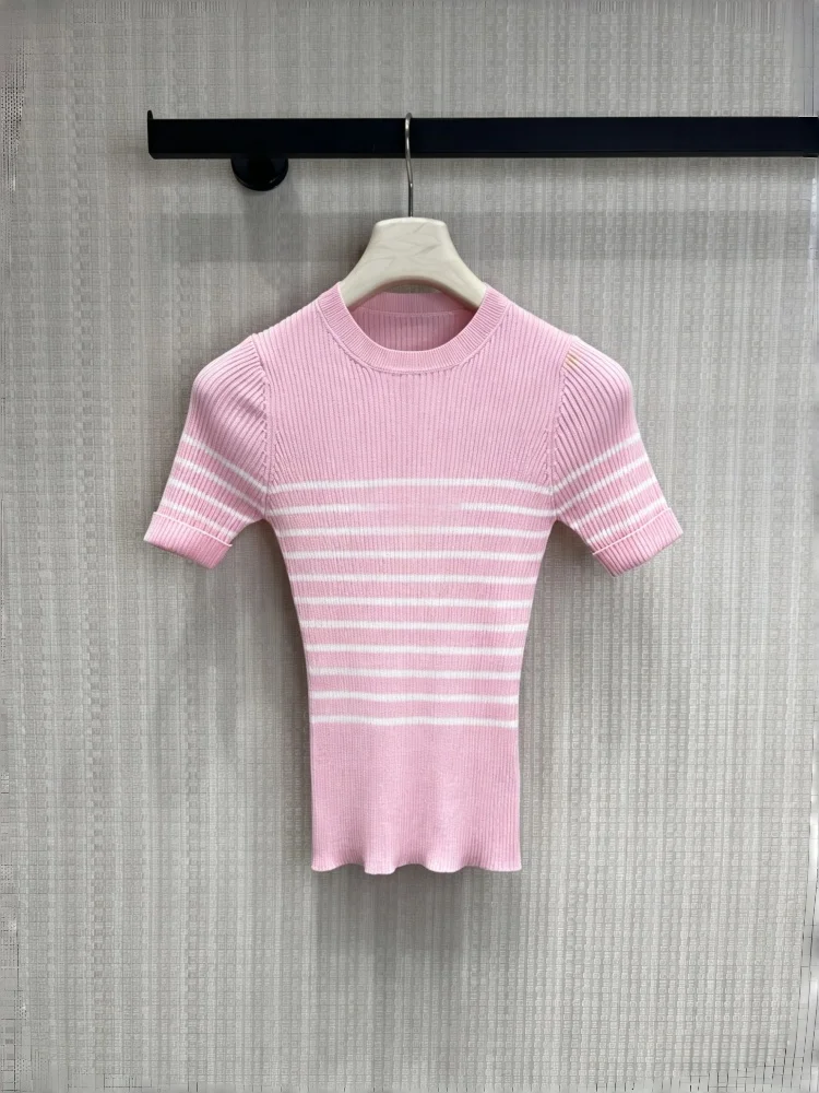 

Summer Women's Short Sleeved Knitted Sweater Round Neck Contrasting Stripes Embroidered Letters Slim Fit T-shirt