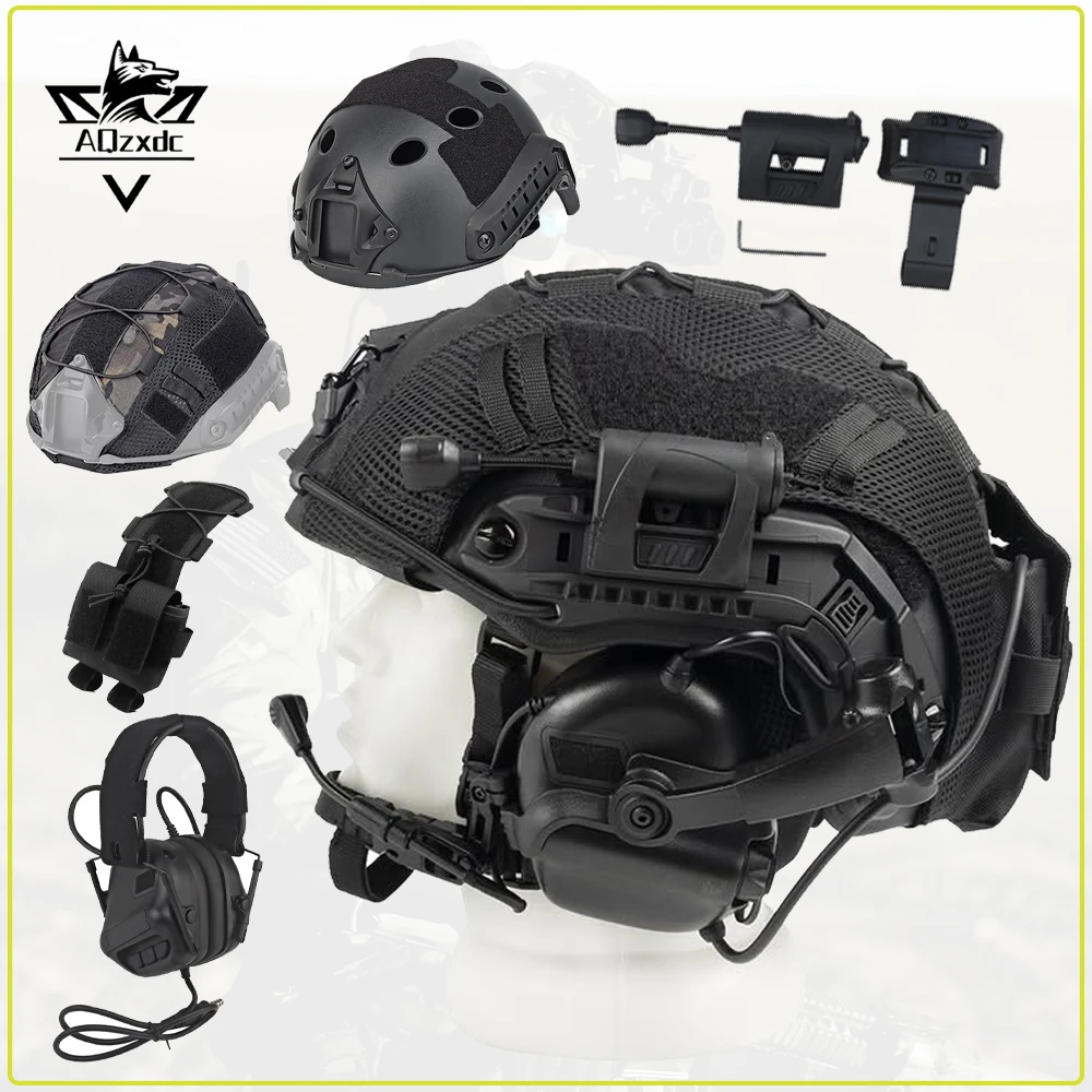 Airsoft Tactical Helmet Set FAST Full Head Protection Equipment with Helmet Light Earphones Battery Pouch for Paintball Shooting