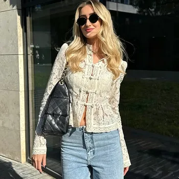 Vintage Lace Blouse 2 Ladies Vintage Lace Blouse Shirts Women Summer Hollow Out Casual Sand Collar Elegant Embroidery Puff Sleeve Sexy Top Shirts 2