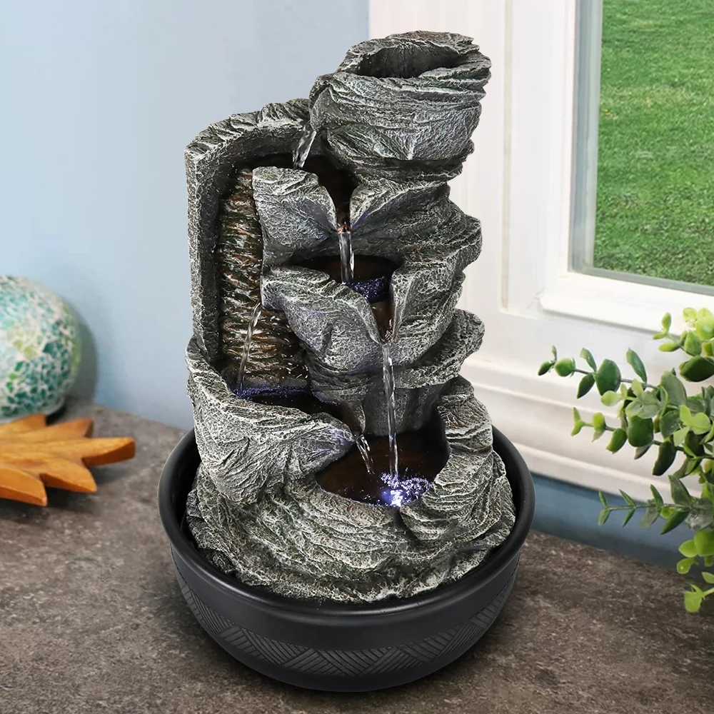 4 Tier Relaxing Tabletop Fountain Indoor Waterfall with LED Lights - Stacked Rock Indoor Waterfall Feature Home Decor, 15.7 ''H