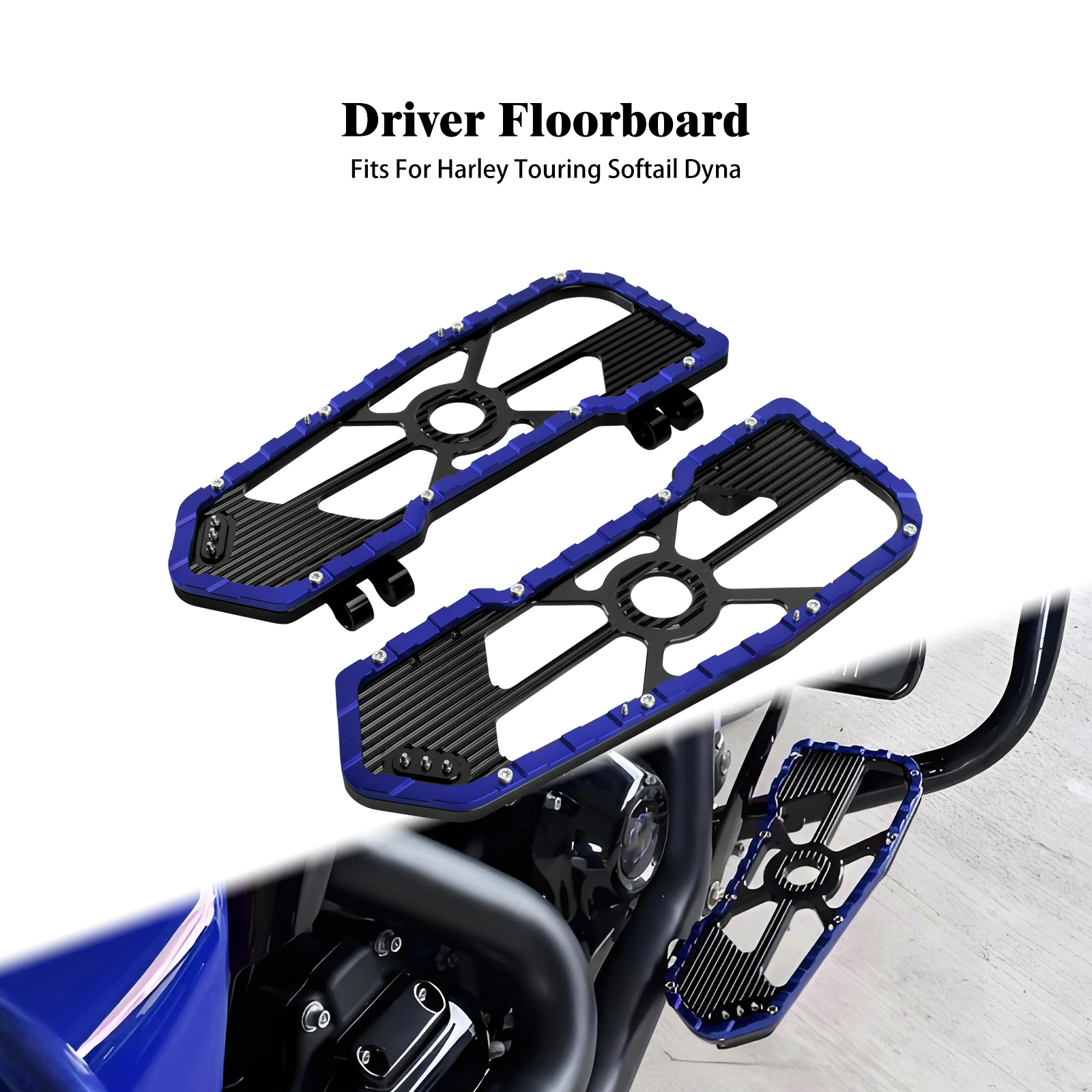 

Blue Stretched Driver Floorboards Footboards Fit For Harley Touring Road King 1986-2025 FLD 2012-2016 FL Softail Trike