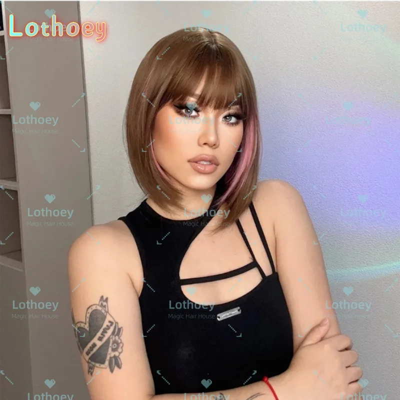 Короткий золотисто-коричневый крючок для ушей, розовый парик из натуральных волос, парик с челкой BOB, популярный цвет, подходит для вечеринки, жизненная сила, специальная цена