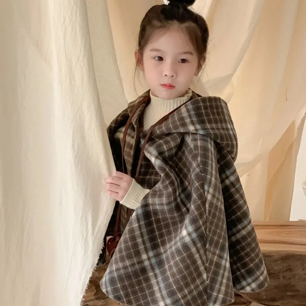 2023 Children's Cloak Winter Korean Girls Wool Plaid Hooded Cape Coat Kids Girl Versatile Double-sided Woolen Outerwear