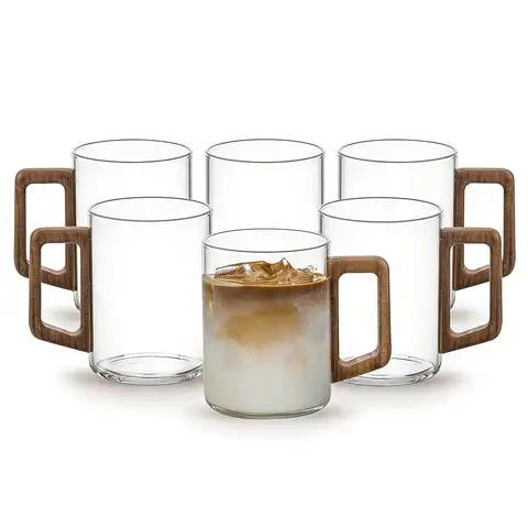 6PC Wooden Handle Glass Cups, 15oz Glass Coffee Cups, Transparent Cups Suitable For Tea, Latte, Espresso And Juice, Tea Cups, Gs, Souvenirs