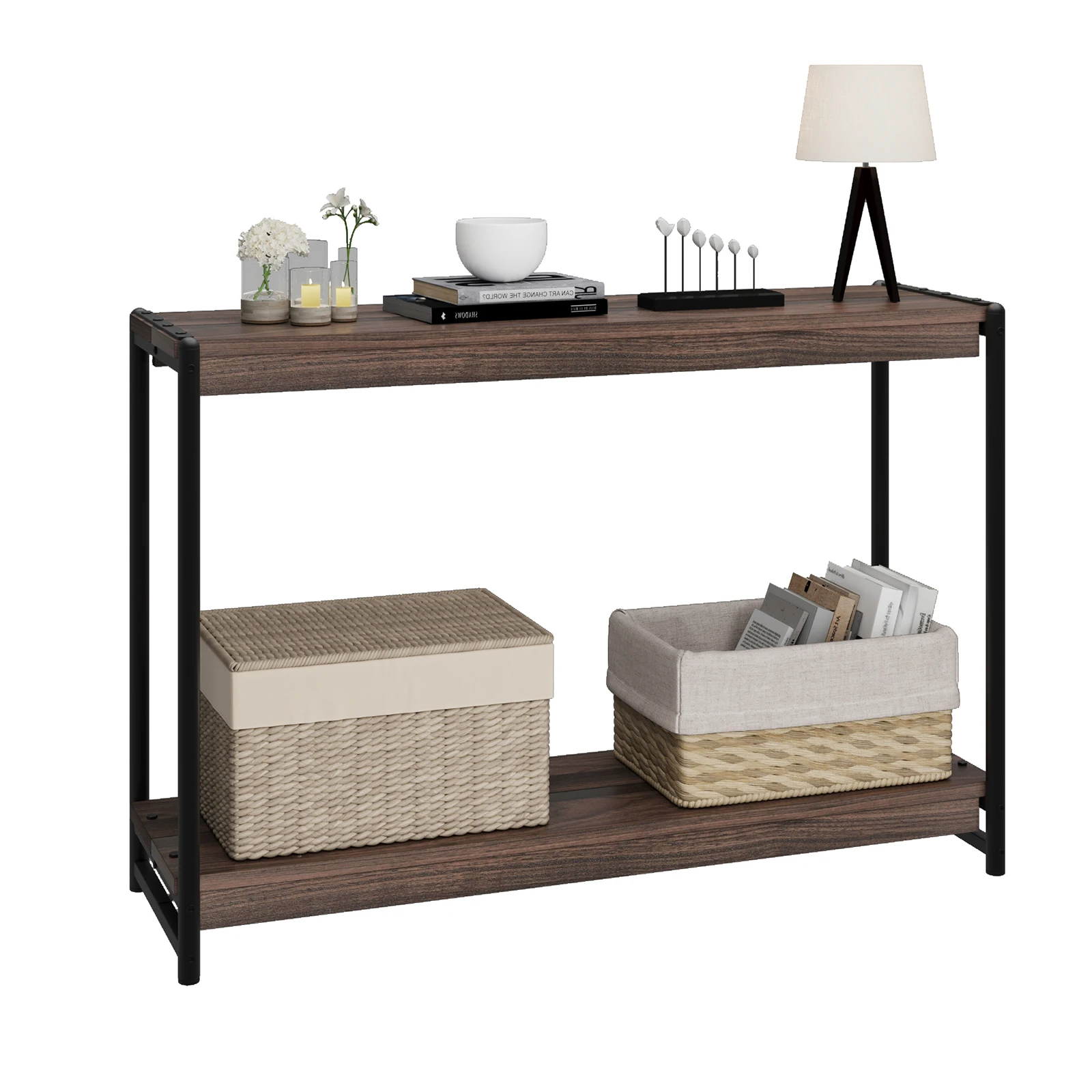 Tables consoles et accessoires, tables d'entrée à 2 niveaux de 39,5 pouces en bois et métal, tables de canapé avec étagère ouverte pour entrée, salon, couloir