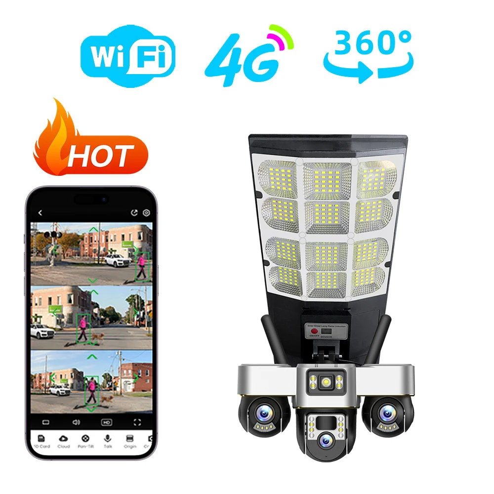 Leshine 2MP HD 3 Lens 4G Camera Security Wifi Outdoor Wireless Home Surveillance Camera Solar Panel LED Streetlight PTZ Rotation